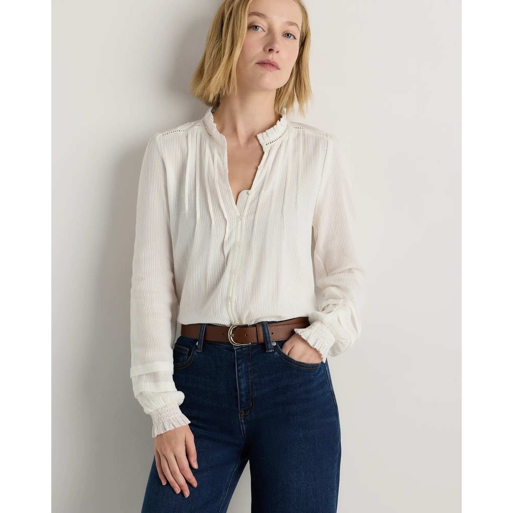 Quince White Organic Textured Cotton Pintuck Blouse Ruffle Collar Top NWT